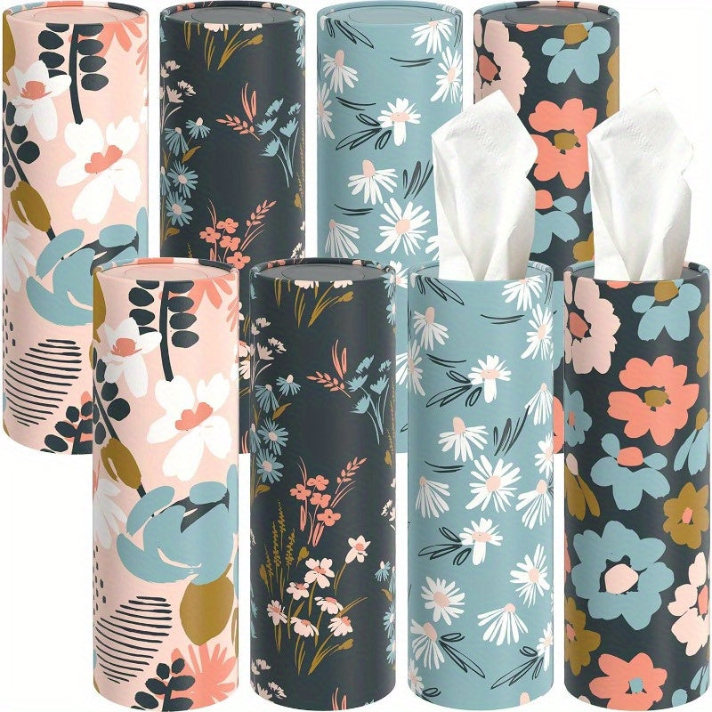 Floral Round Car Tissue Holder with Bulk Facial Tissues – Stylish Cylinder Tissue Box for Vehicle, Home, Office & Bathroom, Decorative Floral Patterns in Pink, Blue, Green & White, Office Tissue Dispenser | Floral Tissue Box | Sturdy Tissue Container