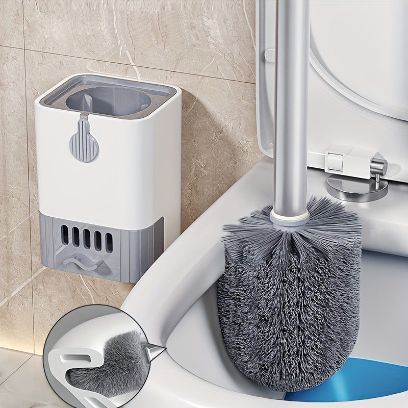 A Wall-Mounted Toilet Brush Set with a Long Handle - Featuring Soft Silicone Bristles, No Dead Corners, Equipped with a Paper Holder And Towel Rack, Manual And Non-Electric, Designed to Save Space.