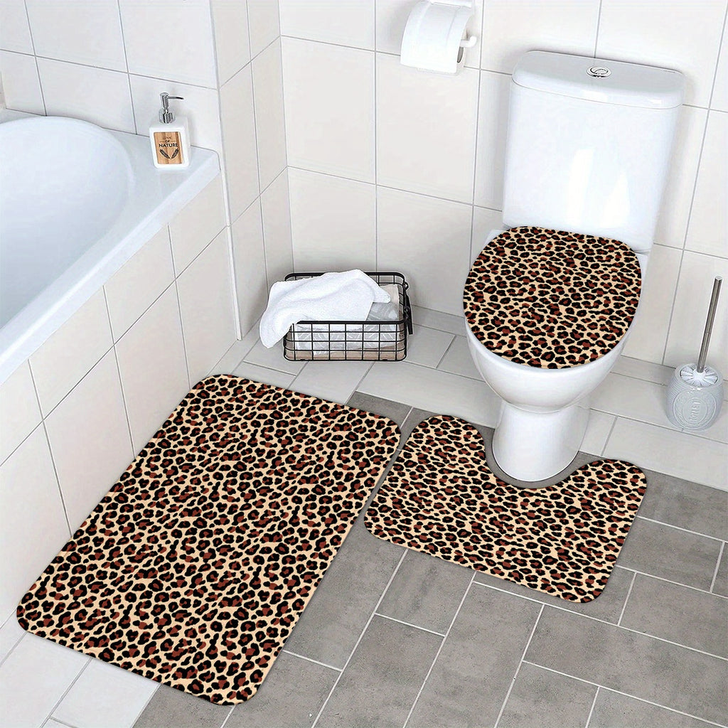 3pcs set Leopard Print Bathroom Mat, Bathroom Mat Set, Thickened Non-slip Quality Good machine washable Mat, Bathroom Decorations, Set includes Bath Rug, Contour Mat and Toilet Seat Cover Spring All-season Decoration
