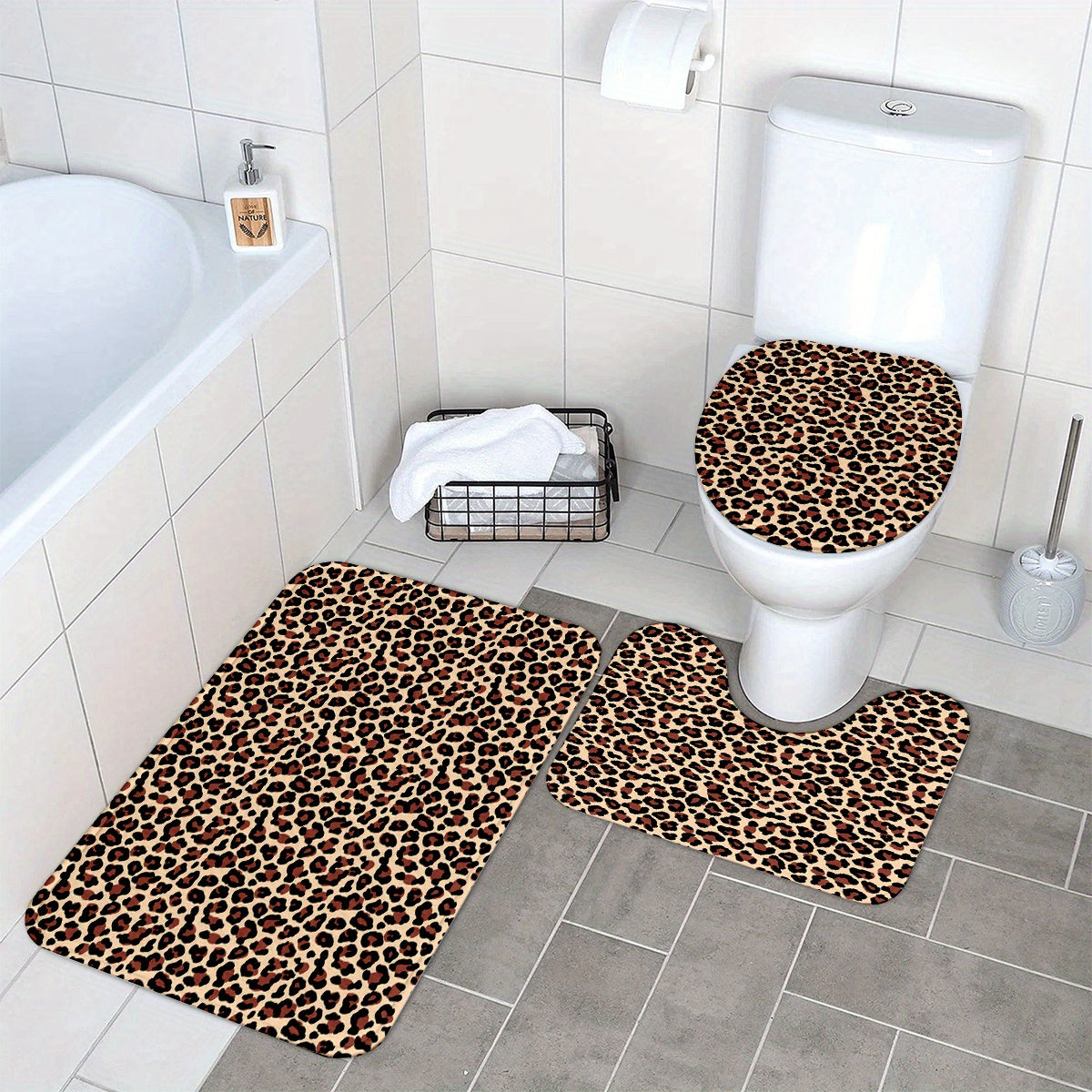 3pcs set Leopard Print Bathroom Mat, Bathroom Mat Set, Thickened Non-slip Quality Good machine washable Mat, Bathroom Decorations, Set includes Bath Rug, Contour Mat and Toilet Seat Cover Spring All-season Decoration