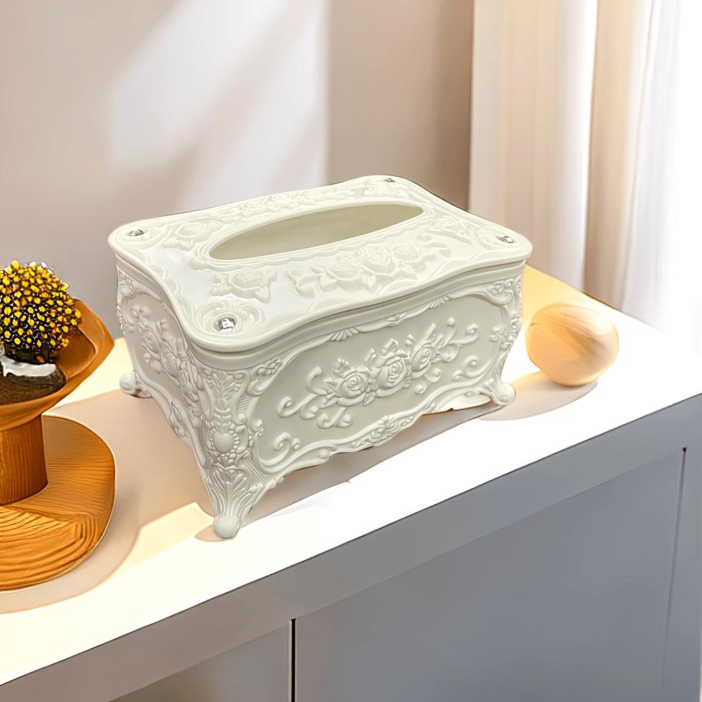 Elegant White Rose Pattern Tissue Box Holder - Square Plastic Napkin Dispenser for Bathroom, Living Room, Vanity & Hotel Use