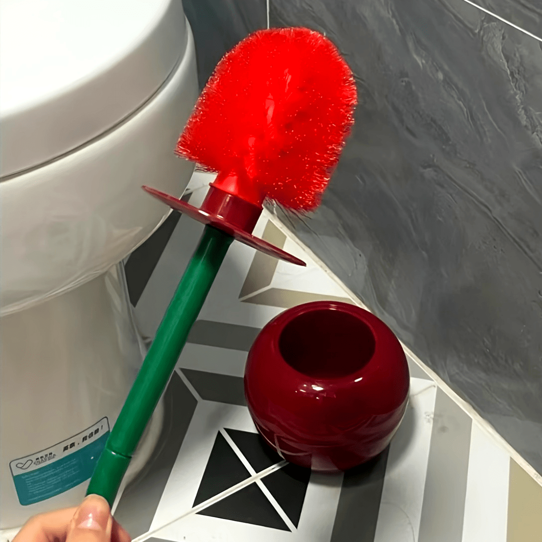 1pc Novelty Cherry-Shaped Toilet Brush with Holder, Creative Plastic Bathroom Accessory, Reusable Freestanding Toilet Brush with Multiple Components