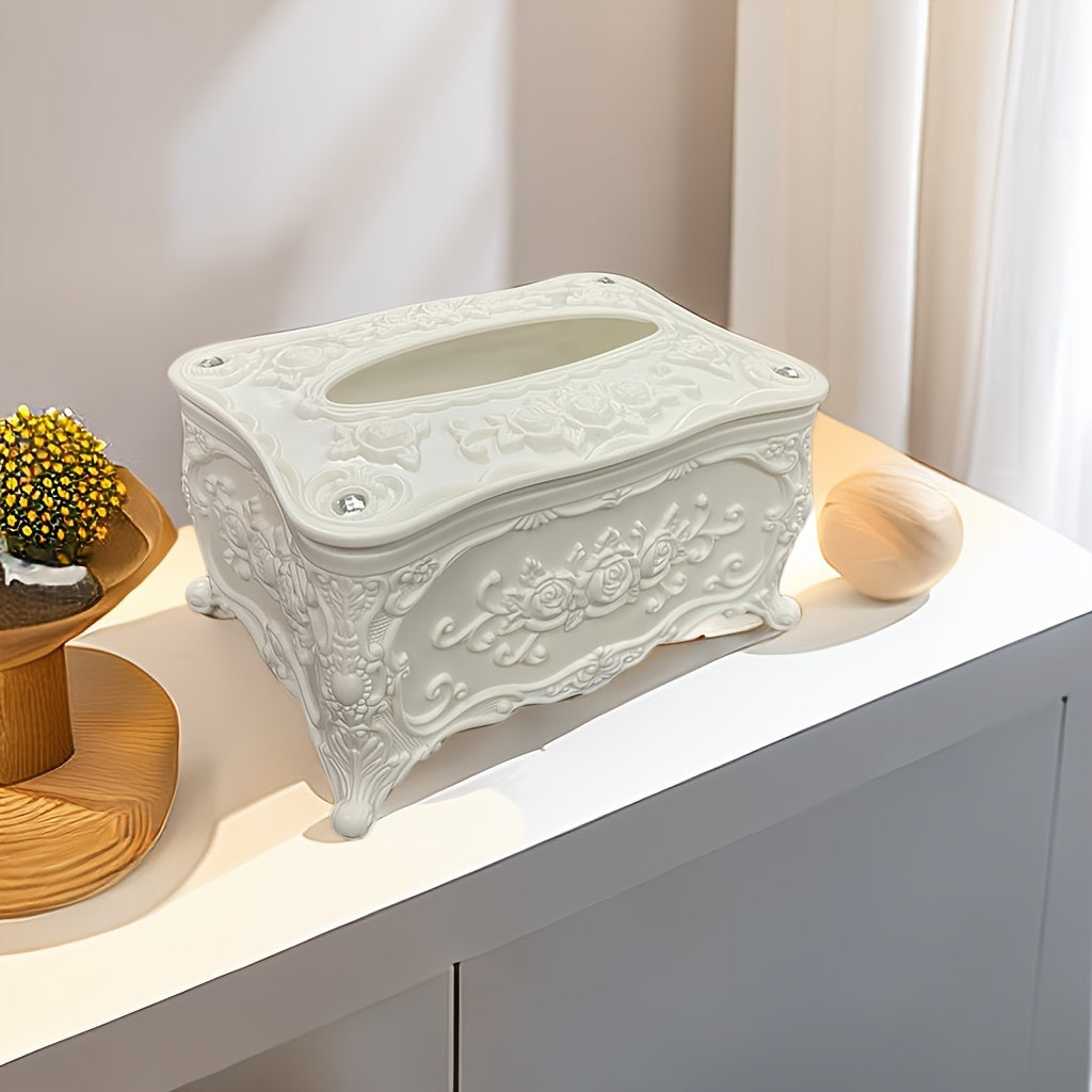 Elegant White Rose Pattern Tissue Box Holder - Square Plastic Napkin Dispenser for Bathroom, Living Room, Vanity & Hotel Use
