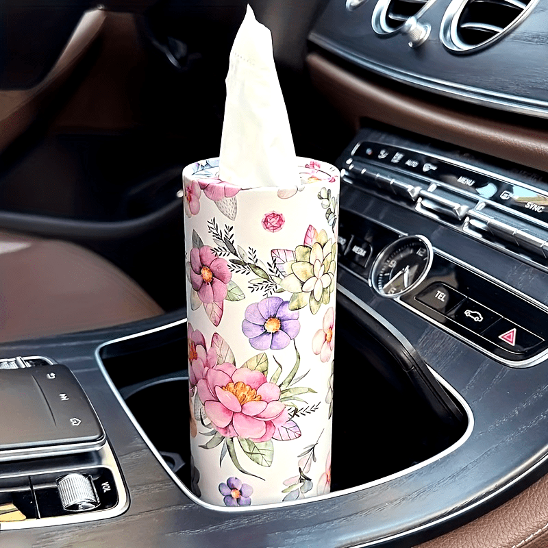1pc White Flowers Car Tissues Box Holder - Travel Tissue Cylinder for Car Cup Holder and Home Dining Table